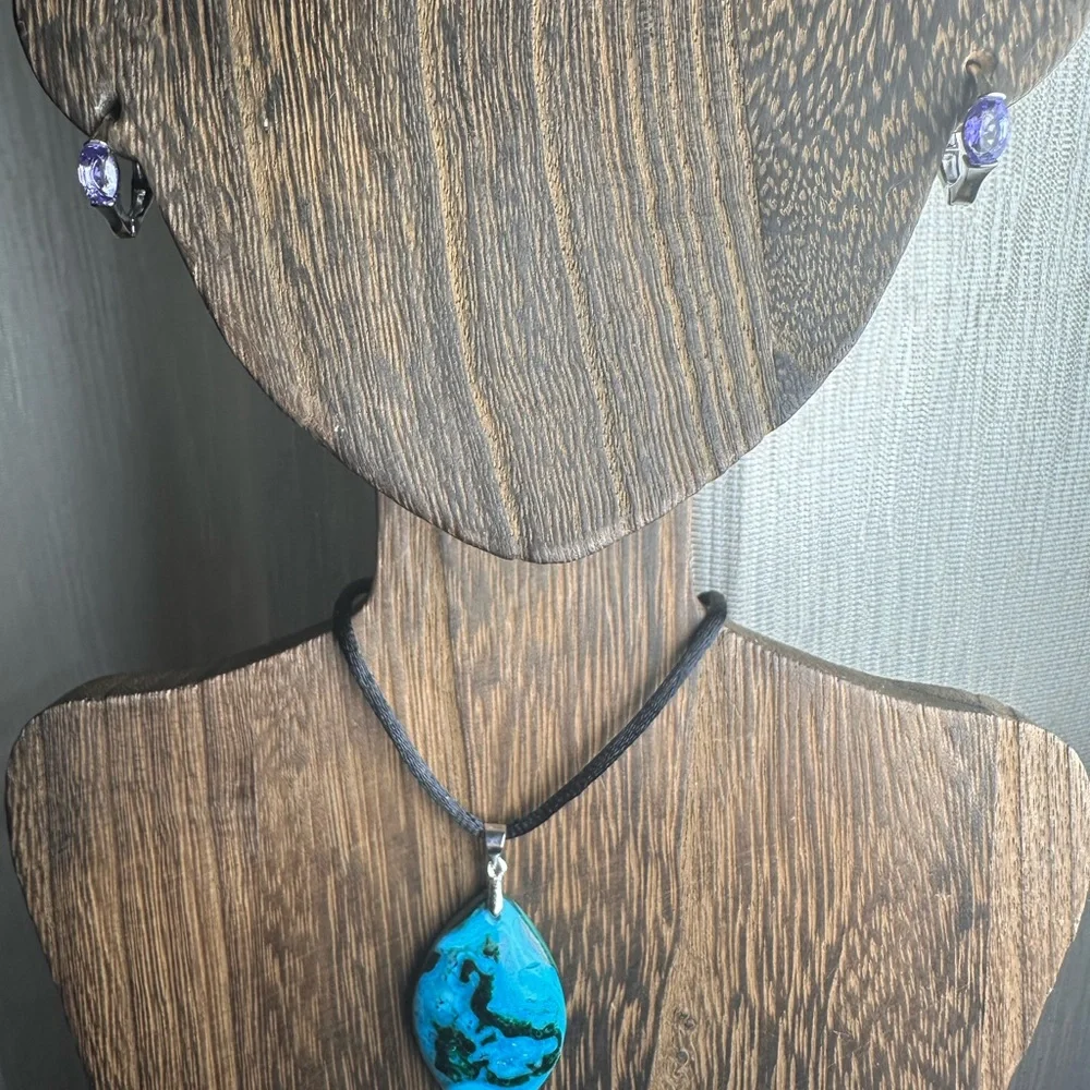 Chrysocolla Teardrop Pendant Necklace on Black Rope - Picture 2 of 14